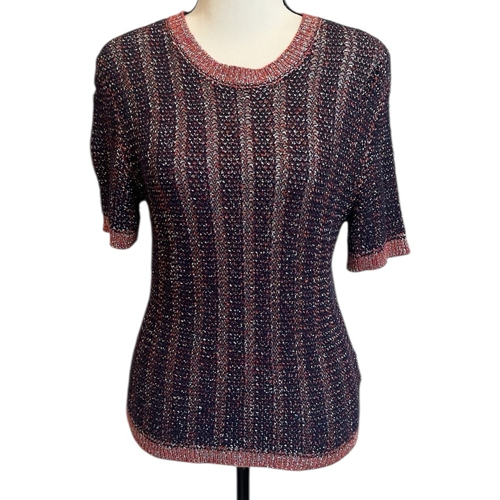 Velvet by Graham & Spencer Knit Short Sleeve Silver Metallic Sweater Top Size XS